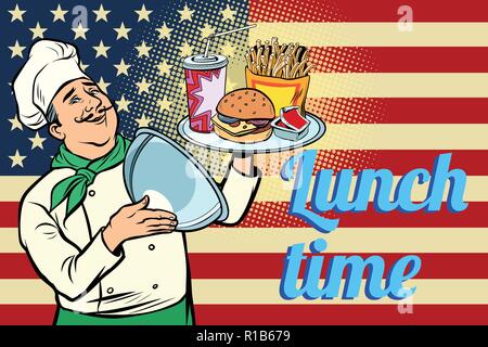 Burger, Pommes frites, Cola fast food. Zeit zum Mittagessen. Küchenchef mit Fach mit Deckel. USA-Flagge Comic cartoon Pop Art retro Vektor illustration Zeichnung Stock Vektor