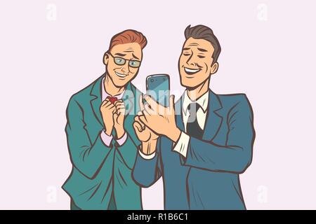Zwei Geschäftsleute Zuneigung und Freude, der Blick auf das Smartphone. Comic cartoon Pop Art retro Vektor illustration Zeichnung Stock Vektor
