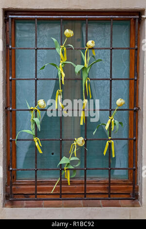 Gelbe Tulpen in einer Windows in einem spanischen Dorf Begur für eine katalanische Unabhängigkeit Stockfoto