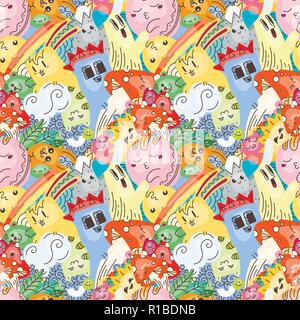 Lustige doodle Monster auf nahtlose Muster für Drucke, Karten, Designs und Malbücher. Vector Illustration Stock Vektor