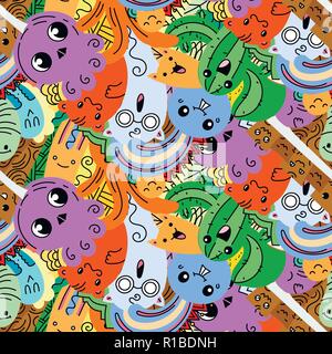 Lustige doodle Monster auf nahtlose Muster für Drucke, Karten, Designs und Malbücher. Vector Illustration Stock Vektor