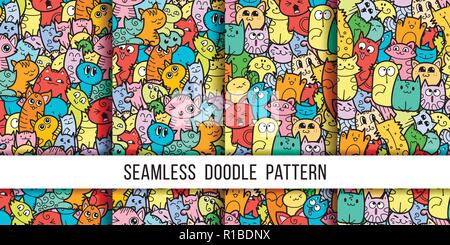Sammlung lustiger doodle Monster nahtlose Muster für Drucke, Designs und Malbücher. Vector Illustration Stock Vektor