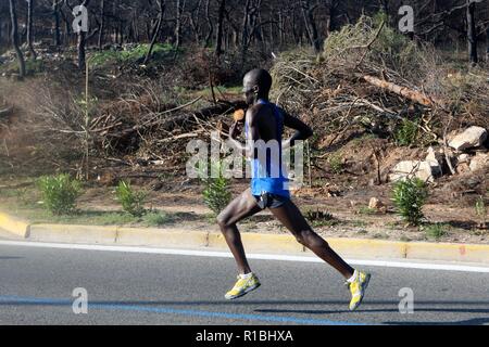 Athen, Griechenland. 11 Nov, 2018. Die Teilnehmer laufen hinter einem verbrannten Fläche von Mati Dorf, wo 99 Menschen bei einem Waldbrand im letzten Sommer gestorben, während der Athen Marathon 2018. (Bild: © aristidis VafeiadakisZUMA Draht) Stockfoto