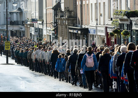 Leamington Spa, Warwickshire, Großbritannien. 11 Nov, 2018. UK. Die Erinnerung Tag der Parade fährt durch Leamington Spa Zentrum in Richtung des War Memorial in Euston Ort, wo ein Service statt. Credit: Colin Underhill/Alamy leben Nachrichten Stockfoto