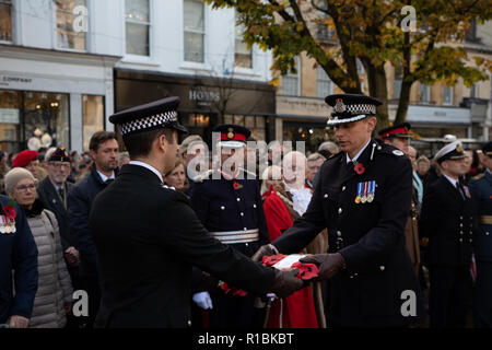 Cheltenham, UK. 11 Nov, 2018. Polizisten, die Blumen Credit: Victor Storublev/Alamy leben Nachrichten Stockfoto