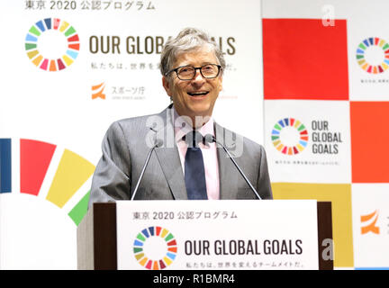 Tokio, Japan. 9 Nov, 2018. Der amerikanische Software-Riese Microsoft Gründer Bill Gates im Rahmen einer Pressekonferenz als Bill und Melinda Gates Stiftung hat eine Partnerschaft mit Japan Sport Agentur für nachhaltige Entwicklung der Vereinten Nationen (SDGs) in Tokio am Freitag, 9. November 2018 spricht. Sie werden eine Kampagne "Unsere globalen Ziele", der auf die Dynamik des Tokyo 2020 Olympischen Spiele und Paralympics zu schreiben beginnen. Credit: Yoshio Tsunoda/LBA/Alamy leben Nachrichten Stockfoto