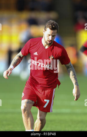 Burslem, Staffordshire, Großbritannien. 11. Nov 2018. Sunderland Mittelfeldspieler Chris Maguire (7) Während der ersten Runde des FA Cup Match zwischen Port Vale und Sunderland bei Vale Park, Burslem, England am 11. November 2018. Foto von Jurek Biegus. Nur die redaktionelle Nutzung, eine Lizenz für die gewerbliche Nutzung erforderlich. Keine Verwendung in Wetten, Spiele oder einer einzelnen Verein/Liga/player Publikationen. Credit: UK Sport Pics Ltd/Alamy leben Nachrichten Stockfoto