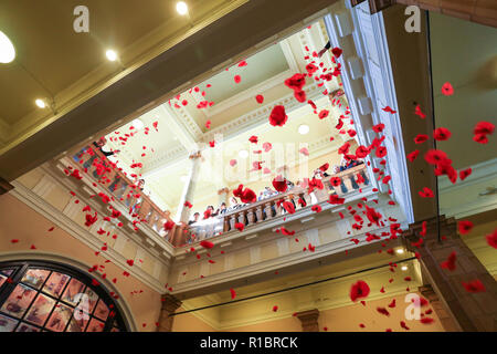 Worcester, Großbritannien. 11. November 2018. Kinder fallen Hunderte von Papier Mohnblumen, die Sie über die zentrale Halle in Worcester, Museum und Kunstgalerie als Teil der Erinnerung Tag der Gedenkfeiern gemacht haben. Peter Lopeman/Alamy leben Nachrichten Stockfoto