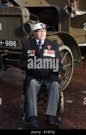 London, UK, 11. November 2018. Veteran James Fisher, 97 Jahre alt. Einer der Teilnehmer der Prozession von 10000 Menschen, durch Stimmzettel gewählt, wandern von Greenpark, das Ehrenmal zahlen ihren Respekt an alle diejenigen, die serviert und kam nie wieder im Ersten Weltkrieg. Credit: Joe Kuis/Alamy leben Nachrichten Stockfoto