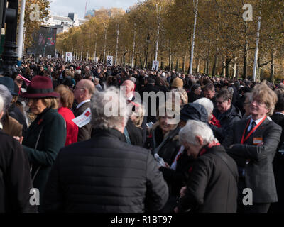 London, UK, 11. November 2018. Überblick über die Prozession von 10000 Menschen, durch Stimmzettel gewählt, wandern von Greenpark, das Ehrenmal zahlen ihren Respekt an alle diejenigen, die serviert und kam nie wieder im Ersten Weltkrieg. Credit: Joe Kuis/Alamy leben Nachrichten Stockfoto