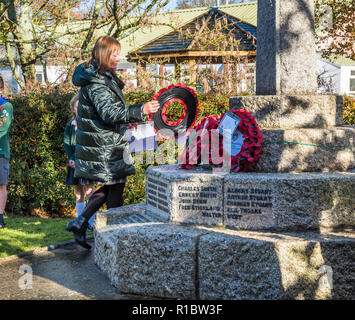 East Budleigh, East Devon, England. 11. November 2018, der Tag des Gedenkens an das Kriegerdenkmal. "Credit Peter Bowler/Alamy Leben Nachrichten' Stockfoto