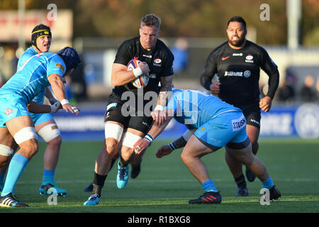 London, Großbritannien. 11. Nov 2018. Christian Richter der Sarazenen ist während der Premiership Rugby Cup Runde 3 Match zwischen Sarazenen und Worcester Warriors bei Allianz Park am Sonntag, den 11. November 2018 in Angriff genommen. LONDON ENGLAND. (Nur redaktionelle Nutzung, eine Lizenz für die gewerbliche Nutzung erforderlich. Keine Verwendung in Wetten, Spiele oder einer einzelnen Verein/Liga/player Publikationen.) Credit: Taka Wu/Alamy leben Nachrichten Stockfoto