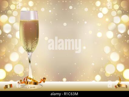 Golden Bokeh Hintergrund mit Champagner Glas Stock Vektor