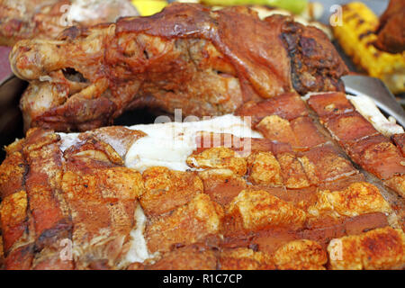 Textur und Muster des gebratenes Schwein Fleisch. Schweinen Haut gebraten auf einem Grill. Gebackenes Schweinefleisch Hintergrund Muster. Fleischfresser. Weihnachten frohe Feiertage Stockfoto