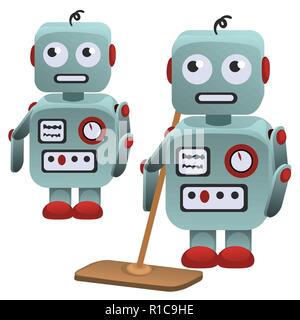 Ein Roboter mit einem Mop für Haushalt Reinigung auf weißem Hintergrund. Vektor cartoon Close-up Abbildung. Stock Vektor