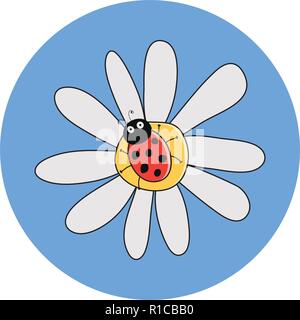 Vektor Zeichnung der rote Marienkäfer auf einem Kamille Blüte. Marienkäfer Cartoon auf daisy flower. hübsch gepunkteten Dame Bug Sommer Abbildung Stock Vektor