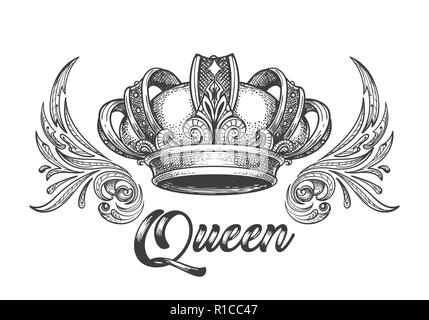 Hand Queen Krone in Vintage Gravur Stil gezeichnet. Vector Illustration. Stock Vektor