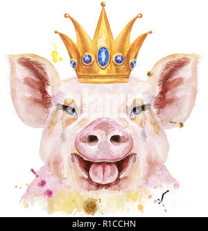 Süße Schweinchen. Schwein für T-shirt Grafiken. Aquarell Pink Pig mit Krone Stockfoto