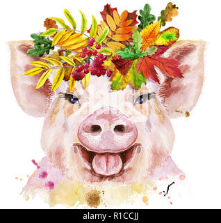 Ein wunderschönes Schwein in einem Kranz von Blättern. Blumen. Aquarell Abbildung mit Spritzern. Stockfoto