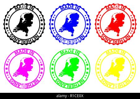 Hergestellt in den Niederlanden - Stempel - Vektor, Niederlande Karte Muster - Schwarz, Blau, Grün, Gelb, Lila und Rot Stock Vektor