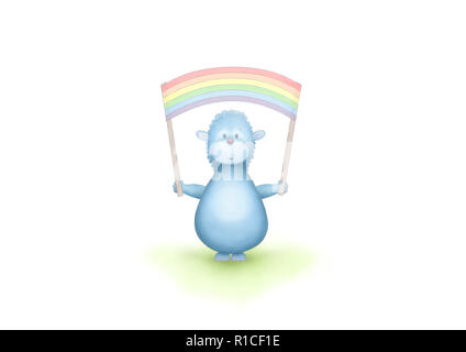 Süße hand Blau fantasy Tier nach oben Regenbogen Flagge Fahne gezeichnet, auf weißem Hintergrund Stockfoto