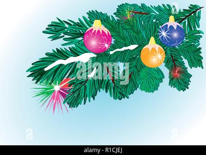 Flaches Muster Weihnachtsbaum und Dekorationen. Goldene, rote, blaue Weihnachtskugeln. Vektor Stock Vektor