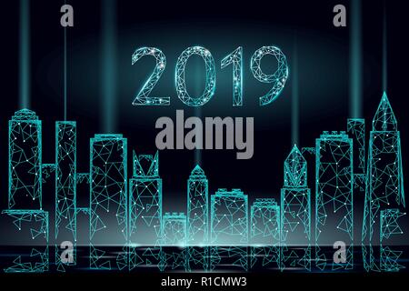 Moderne Wolkenkratzer Urlaub Weihnachten Stadtbild. Neues Jahr 3D-polygonalen Linie dunkel blauen Nachthimmel eve Grußkartenvorlage. 2019 Datum Stadt silhouette Vektornummer Abbildung Stock Vektor