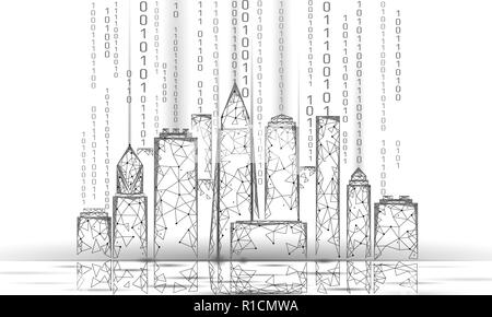 Low Poly smart City 3D Drahtgitter. Intelligente Gebäudeautomation Geschäftskonzept. Der binäre Code Datenfluss Nummer. Architektur urbane Stadtbild Technologie Skizze banner Vector Illustration Stock Vektor