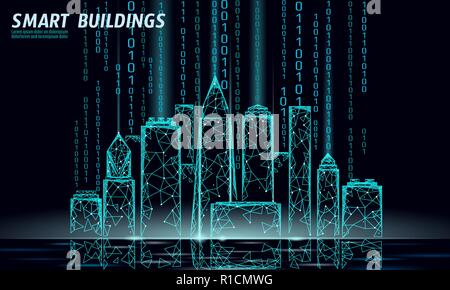 Low Poly smart City 3D Drahtgitter. Intelligente Gebäudeautomation Geschäftskonzept. Der binäre Code Datenfluss Nummer. Architektur urbane Stadtbild Technologie Skizze banner Vector Illustration Stock Vektor