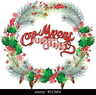 Weihnachten Zierpflanzen kreisförmige Rahmen. Holly und Tannenzweigen mit Blätter Beeren und Kegel. Weihnachten Grußkarte Vorlage. Stock Vektor