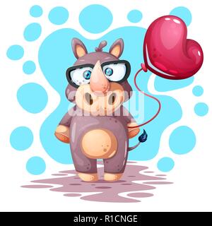 Cute, funny, pretty rhino with balloon. Stock Vektor