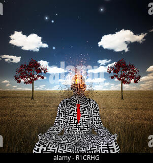 Surrealismus. Brennende Mann mit Labyrinth Muster Anzug sitzt im Lotussitz. Zwei rote Bäume im Feld Stockfoto