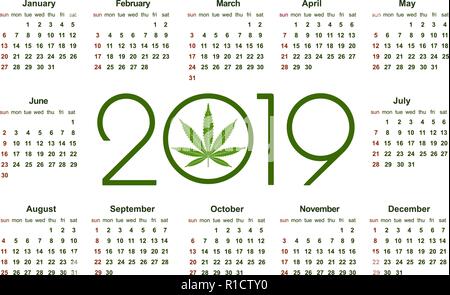 Marihuana Kalender für 2019. Die medizinische Verwendung von Cannabis. Einfachen Vektor Vorlage. Briefpapier Design Vorlage. Isolierte Vector Illustration auf weißem Hintergrund. Stock Vektor