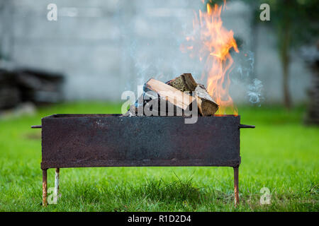 Close-up hell brennen in Metall box Protokolle Brennholz zum Grillen im Freien an einem sonnigen Sommertag. Orange Flamme verschwommen blauer Himmel und grünes Gras Stockfoto