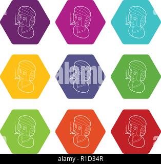 Rastafari Mann mit Stirnband und Rauchen Icons Set9 Vektor Stock Vektor