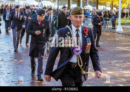 London, Großbritannien. 11. November 2018. Militärischen Veteranen nehmen an der Erinnerung Tag der Parade zum Gedenken an den 100. Jahrestag des Endes des Ersten Weltkriegs. Stockfoto