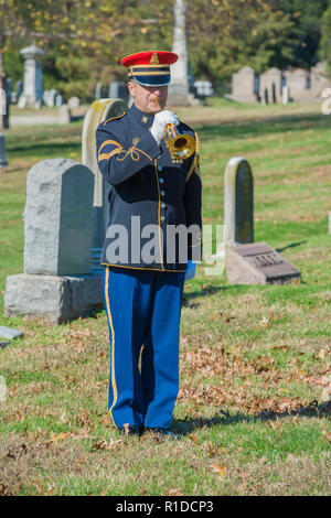 Washington, DC, 11. November 2018: ein Hornist mit der US Army Band, "Pershing der Eigenen' spielt "Hähne", während die uns homosexuellen und geraden Veteranen und Active Duty Service Mitglieder eines Veterans Day Memorial Beobachtung am Grab von Leonard Matlovich, einem schwulen Soldaten, die die US Luft Kraft, die versucht zu entfernen sein von Service, weil er homosexuell war gekämpft. Das Grab ist auf dem Friedhof des Kongresses in Washington DC entfernt. Patsy Lynch/MediaPunch Stockfoto