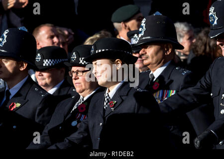 Whitehall, London, UK. 11. November 2018. Die 11 Stunden des 11. Tausende versammeln sich das Ehrenmal der 100. Jahrestag der Beendigung des Zweiten Weltkriegs zu gedenken. Veteranen und das militärische Personal im März vergangenen wurden von 10.000 Mitglieder der Öffentlichkeit durch Stimmzettel gewählt, trat ihre eigenen Verwandten, die ihr Leben während des Konflikts verloren zu erinnern. Ihre Majestät die Königin, die in 2 Minuten Stille, die durch den Kranzniederlegungen durch die Mitglieder der königlichen Familie und andere Würdenträger aus Großbritannien und der ganzen Welt gefolgt. Credit: Newspics UK Süd/Alamy Live Stockfoto