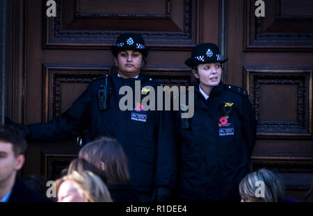 Whitehall, London, UK. 11. November 2018. Die 11 Stunden des 11. Tausende versammeln sich das Ehrenmal der 100. Jahrestag der Beendigung des Zweiten Weltkriegs zu gedenken. Veteranen und das militärische Personal im März vergangenen wurden von 10.000 Mitglieder der Öffentlichkeit durch Stimmzettel gewählt, trat ihre eigenen Verwandten, die ihr Leben während des Konflikts verloren zu erinnern. Ihre Majestät die Königin, die in 2 Minuten Stille, die durch den Kranzniederlegungen durch die Mitglieder der königlichen Familie und andere Würdenträger aus Großbritannien und der ganzen Welt gefolgt. Credit: Newspics UK Süd/Alamy Live Stockfoto