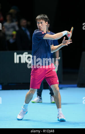 London, Großbritannien. 11 Nov, 2018. Kei Nishikori von Japan während einer Übung vor der Men's singles Match des 2018 Nitto ATP-Finale gegen Roger Federer von der Schweiz in der O2 Arena in London, England am 11. November 2018. Quelle: LBA/Alamy leben Nachrichten Stockfoto