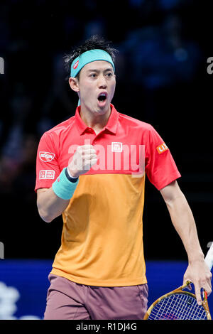 London, Großbritannien. 11 Nov, 2018. Kei Nishikori von Japan während der Männer singles Match des 2018 Nitto ATP-Finale gegen Roger Federer von der Schweiz in der O2 Arena in London, England am 11. November 2018. Quelle: LBA/Alamy leben Nachrichten Stockfoto