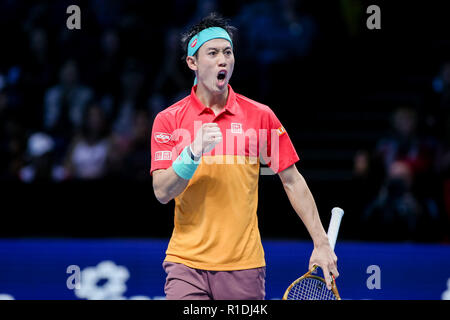 London, Großbritannien. 11 Nov, 2018. Kei Nishikori von Japan während der Männer singles Match des 2018 Nitto ATP-Finale gegen Roger Federer von der Schweiz in der O2 Arena in London, England am 11. November 2018. Quelle: LBA/Alamy leben Nachrichten Stockfoto