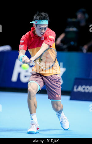 London, Großbritannien. 11 Nov, 2018. Kei Nishikori von Japan während der Männer singles Match des 2018 Nitto ATP-Finale gegen Roger Federer von der Schweiz in der O2 Arena in London, England am 11. November 2018. Quelle: LBA/Alamy leben Nachrichten Stockfoto