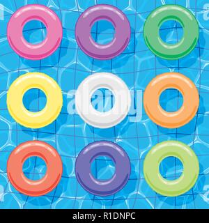 Vektor Sommer Hintergrund mit Sammlung von bunten aufblasbare Ringe schwimmt auf Wasser im Pool. Im Sommer Lebensretter Ring für Kinder Stock Vektor