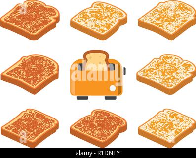 Vektor getoasteten Brotscheiben und Toaster auf weißem Hintergrund. knusprige Frühstück Toast des weißen Brotes, leckeres Essen Symbole. Symbol der Küche Stock Vektor