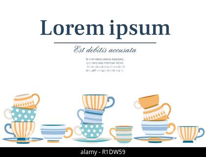 Vektor Sammlung Tassen mit niedlichen Mustern. Kaffee-Set cartoon Design. Stapel von bunten Tassen. Flache Vector Illustration auf weißem Hintergrund. Ort f Stock Vektor