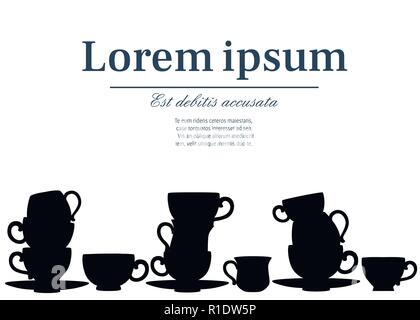 Schwarze Silhouette. Vektor Sammlung Tassen mit niedlichen Mustern. Kaffee-Set cartoon Design. Stapel von bunten Tassen. Flache Vector Illustration auf Weiß b Stock Vektor