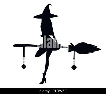 Schwarze Silhouette. Süße blonde Hexe sitzen auf fliegenden Besen. Hexenhut und Kleidung. Cartoon Character Design. Schöne Frauen. Flache Vector Illustration ist Stock Vektor