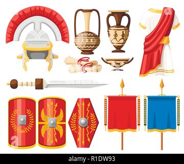 Sammlung von antiken römischen Symbolen. Kleidung, gladius, Scutum, Schriftrollen und anderes keramisches Geschirr. Flache vector Illustrator auf weißem Hintergrund. Stock Vektor