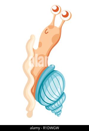 Cute Seeschnecke. Cartoon Character Design. Schnecke mit Blue Shell. Flache Vector Illustration auf weißem Hintergrund. Stock Vektor